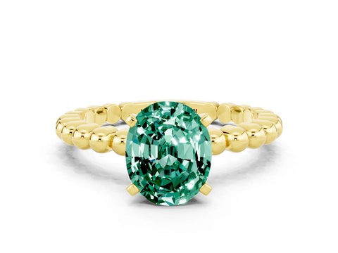 Yellow gold Oval Cut Green Sapphire Solitaire Ring with Beaded Band and Prong Setting