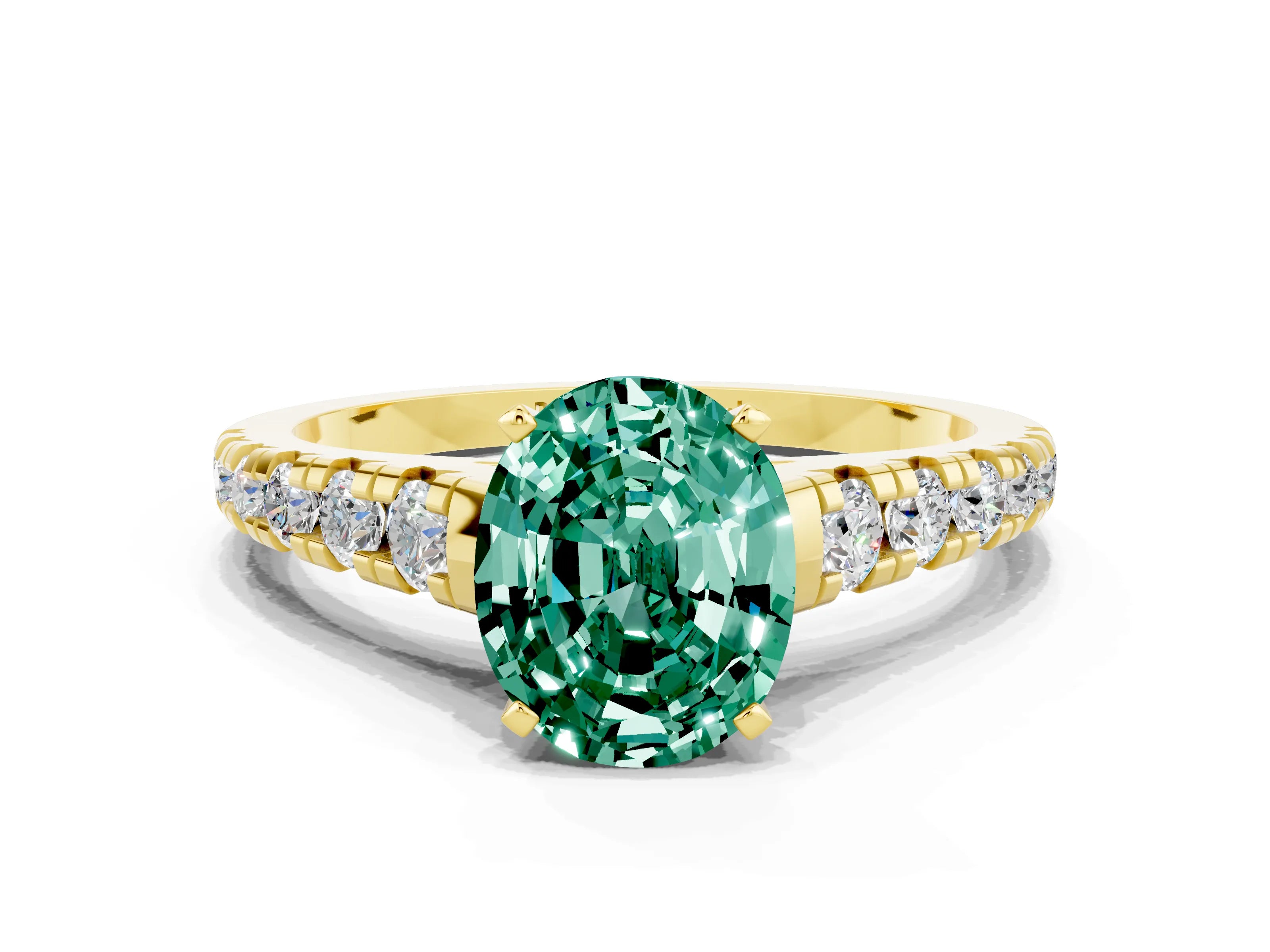 Yellow gold Oval Cut Green Sapphire Solitaire Ring with Cathedral Setting and Pavé Band