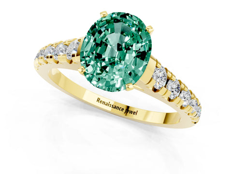 Yellow gold Oval Cut Green Sapphire Solitaire Ring with Cathedral Setting and Pavé Band_1