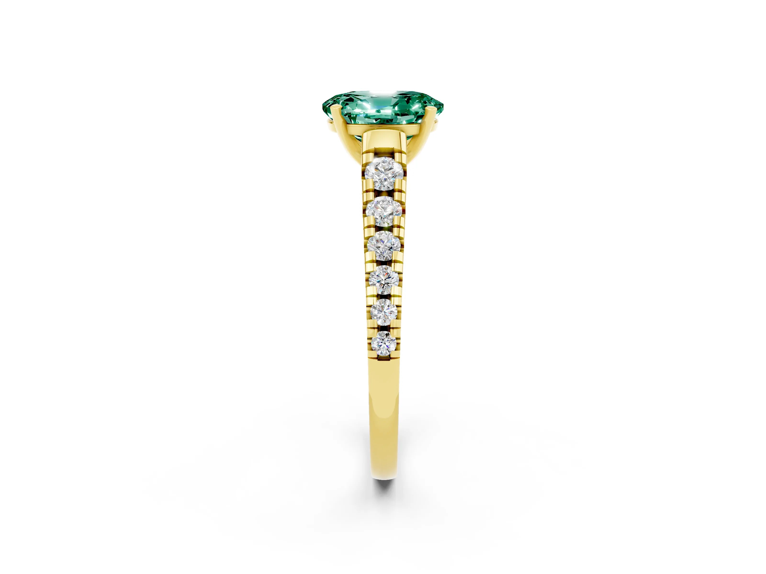 Yellow gold Oval Cut Green Sapphire Solitaire Ring with Cathedral Setting and Pavé Band_2