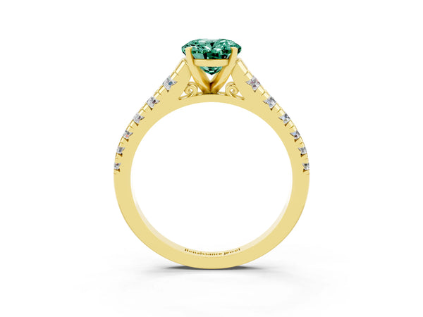 Yellow gold Oval Cut Green Sapphire Cathedral Solitaire Ring with Round  Pavé Band