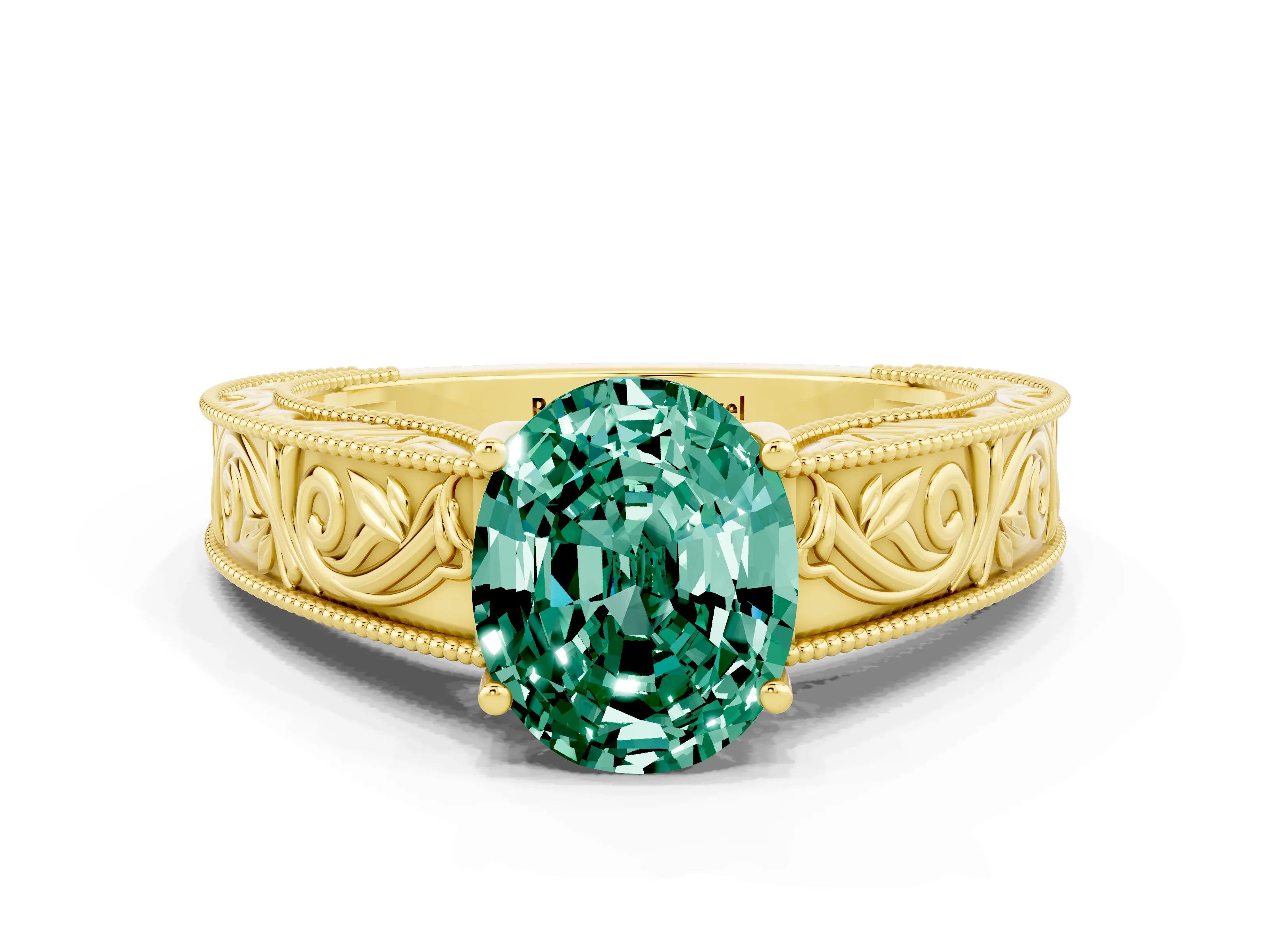 Yellow gold Oval Cut Green Sapphire Solitaire Ring with Engraved Band and Four-Prong Setting