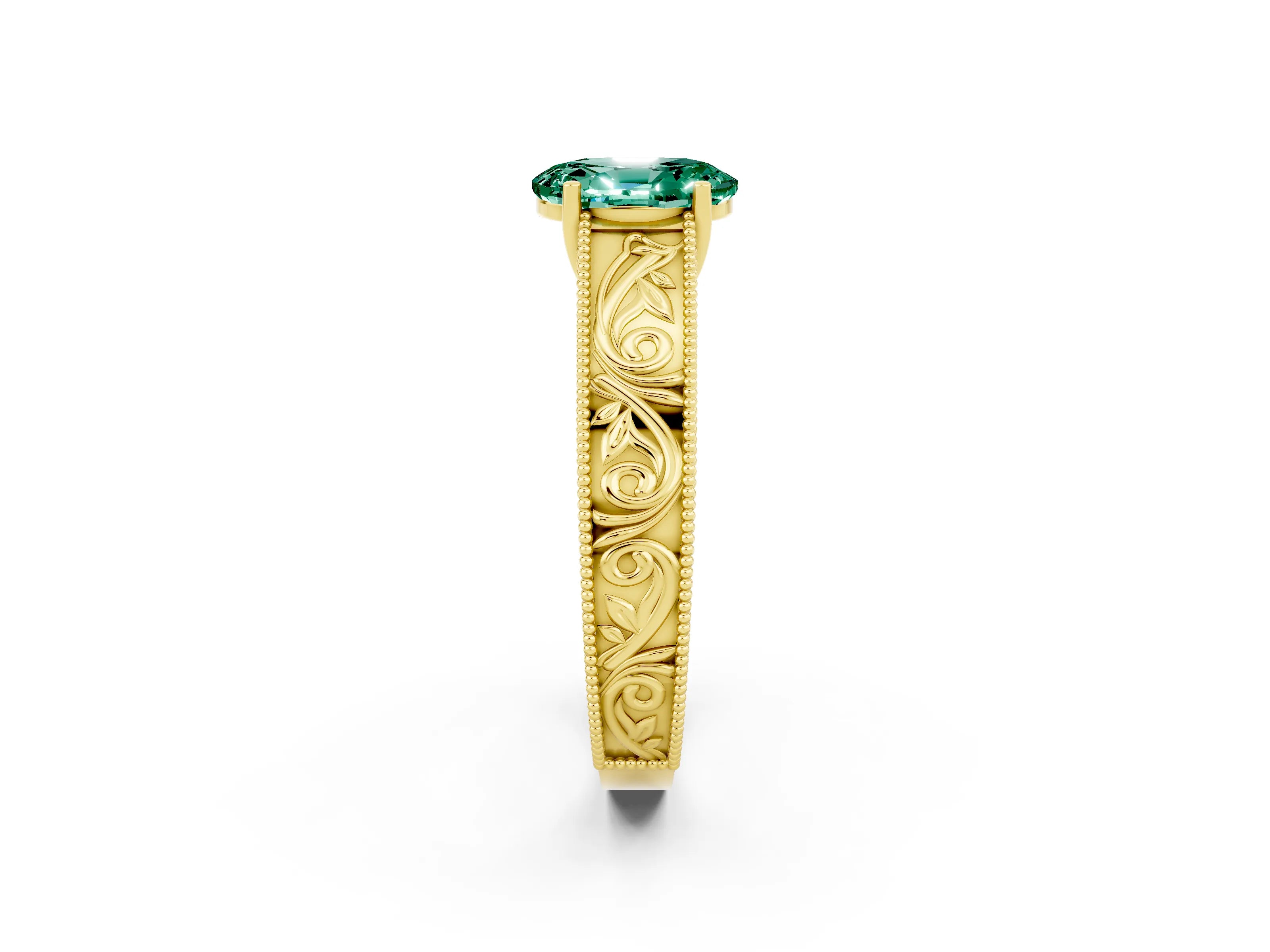 Yellow gold Oval Cut Green Sapphire Solitaire Ring with Engraved Band and Four-Prong Setting_2