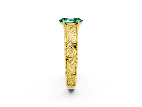Yellow gold Oval Cut Green Sapphire Solitaire Ring with Engraved Band and Four-Prong Setting_2