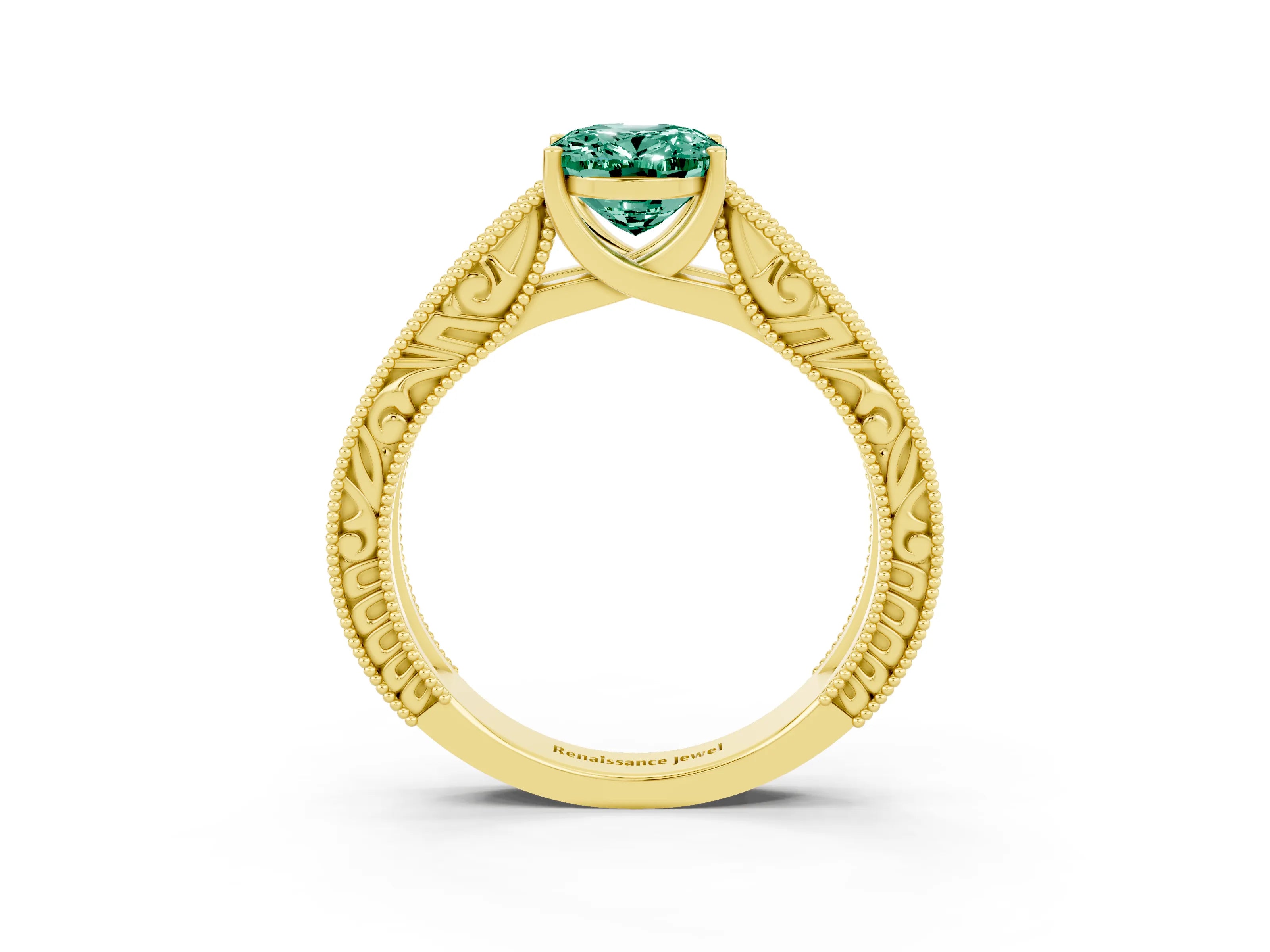 Yellow gold Oval Cut Green Sapphire Solitaire Ring with Engraved Band and Four-Prong Setting_3
