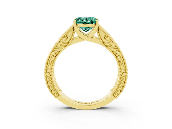 Yellow gold Oval Cut Green Sapphire Solitaire Ring with Engraved Band and Four-Prong Setting