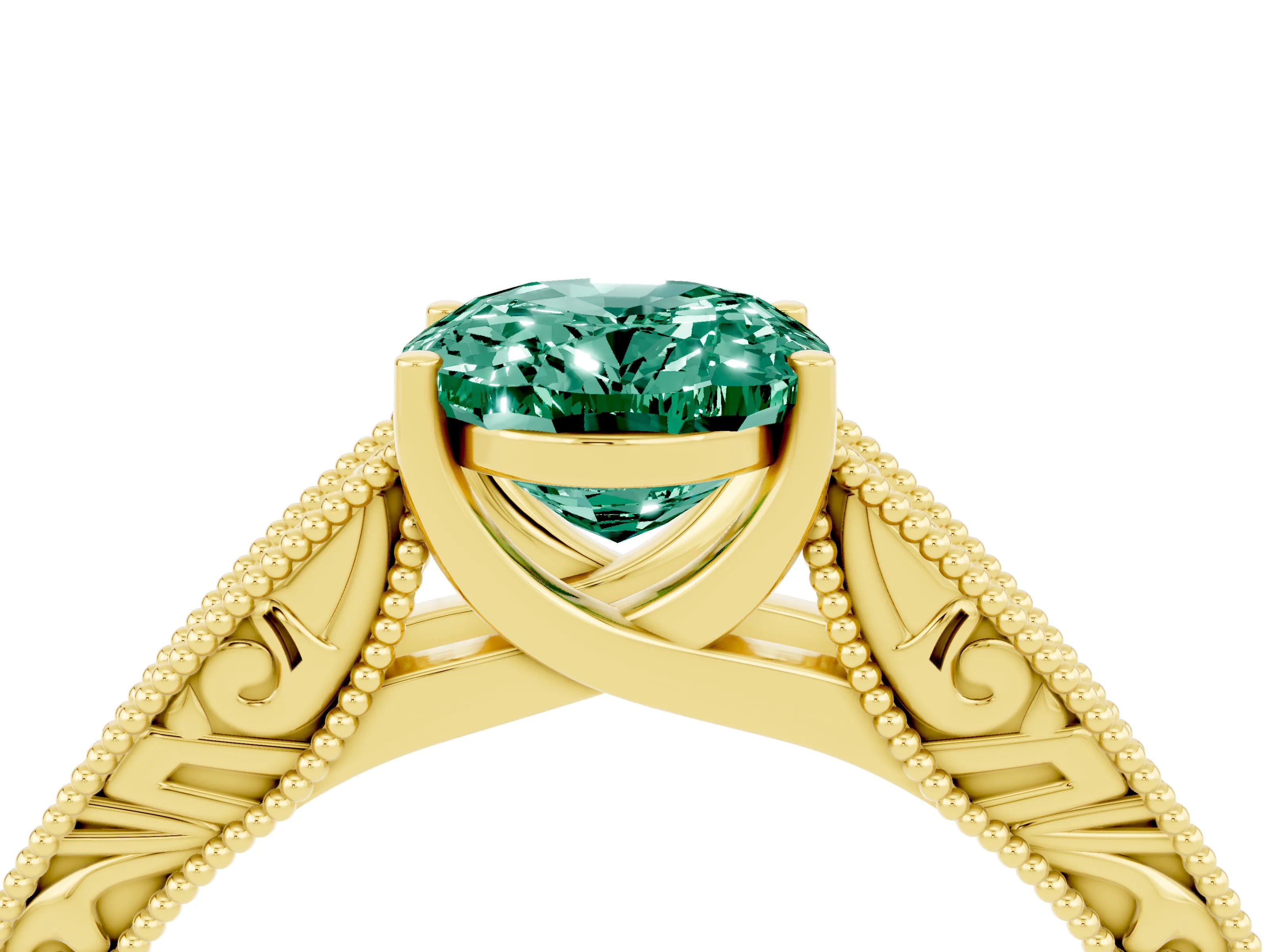 Yellow gold Oval Cut Green Sapphire Solitaire Ring with Engraved Band and Four-Prong Setting_4