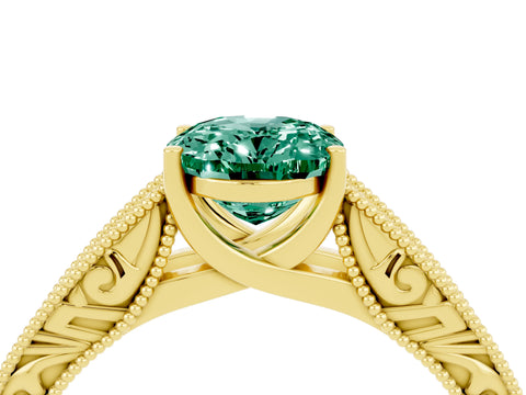 Yellow gold Oval Cut Green Sapphire Solitaire Ring with Engraved Band and Four-Prong Setting_4