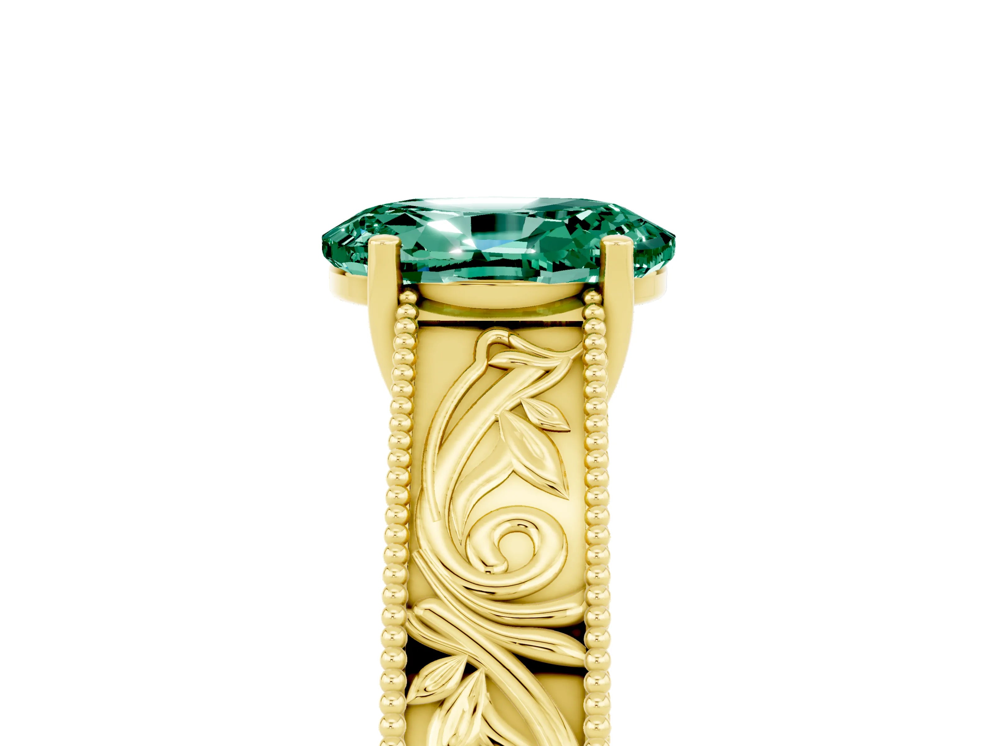 Yellow gold Oval Cut Green Sapphire Solitaire Ring with Engraved Band and Four-Prong Setting_5
