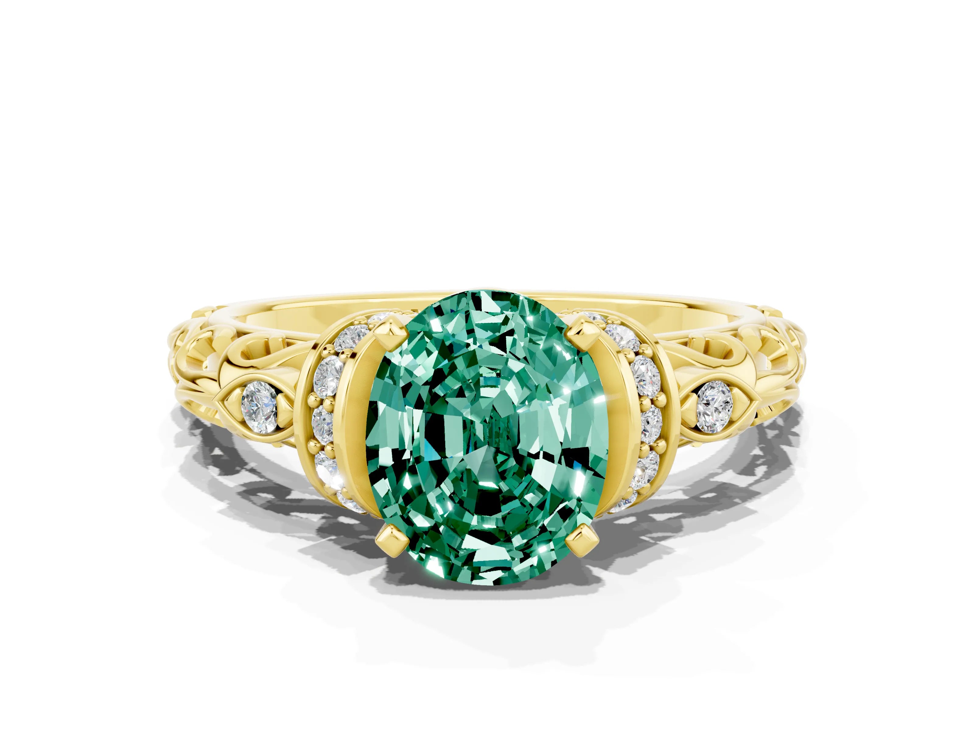 Yellow gold Oval Cut Green Sapphire Solitaire Ring with Filigree Band and Four-Prong Setting_24