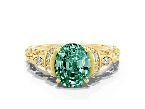 Yellow gold Oval Cut Green Sapphire Solitaire Ring with Filigree Band and Four-Prong Setting_24