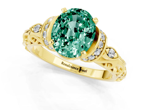 Yellow gold Oval Cut Green Sapphire Solitaire Ring with Filigree Band and Four-Prong Setting_25