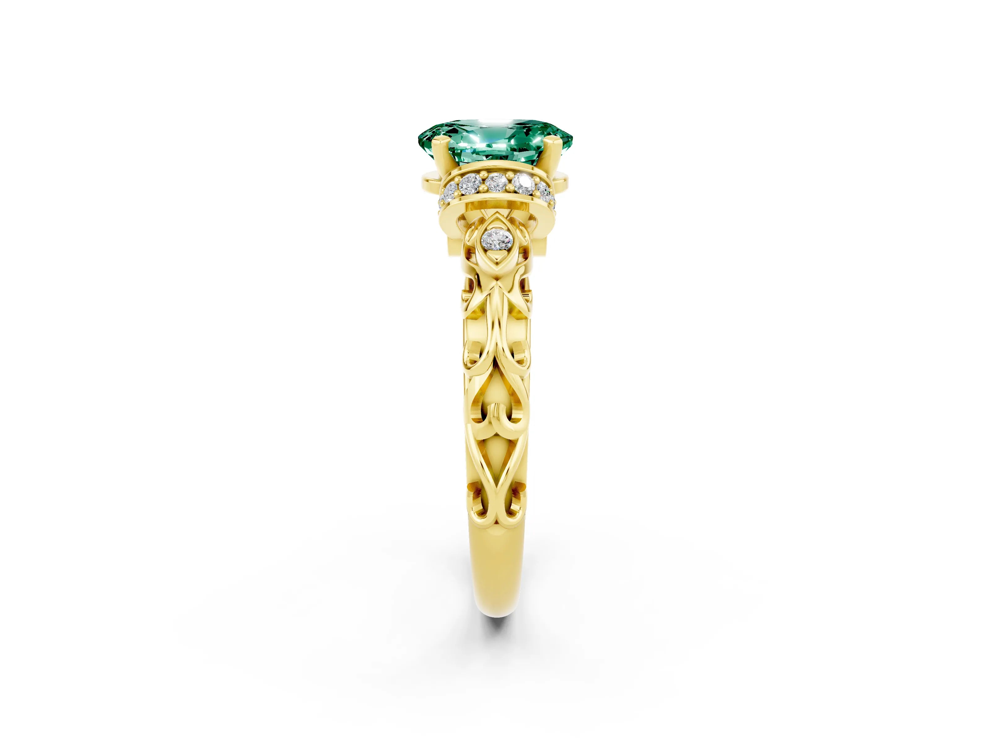 Yellow gold Oval Cut Green Sapphire Solitaire Ring with Filigree Band and Four-Prong Setting_26