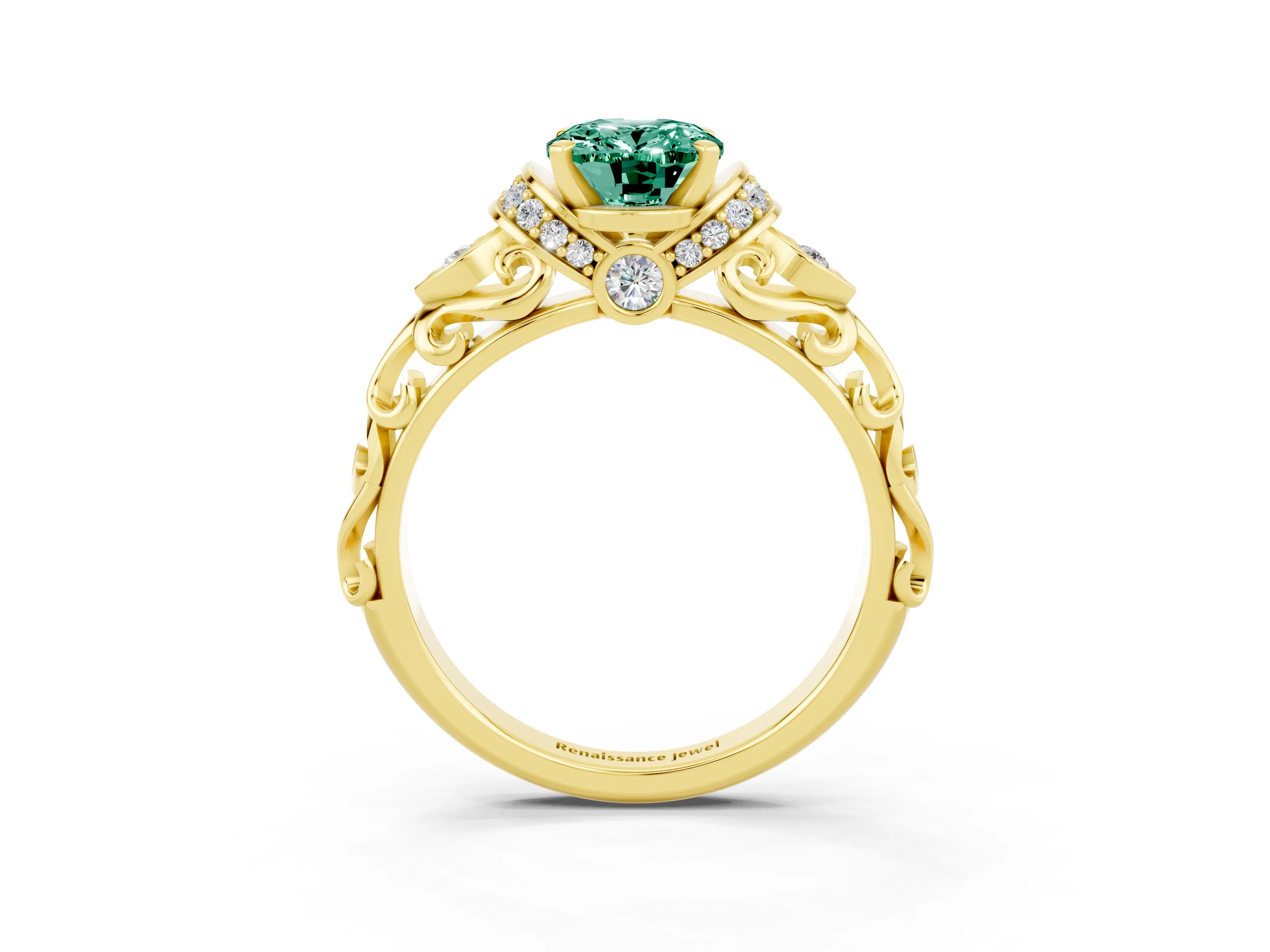 Yellow gold Oval Cut Green Sapphire Solitaire Ring with Filigree Band and Four-Prong Setting_27