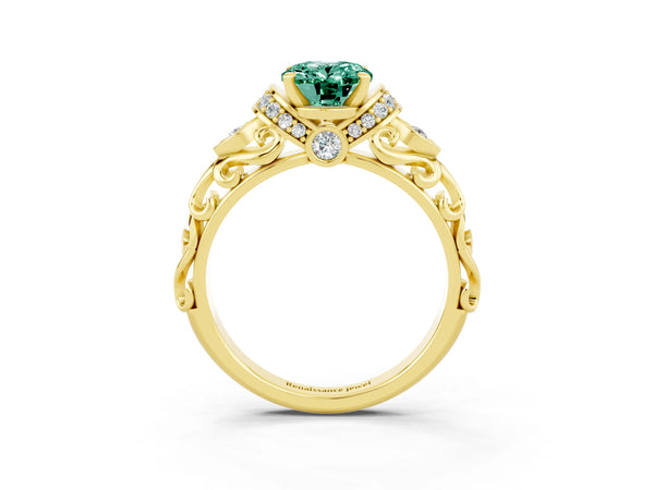 Yellow gold Oval Cut Green Sapphire Solitaire Ring with Filigree Band and Four-Prong Setting