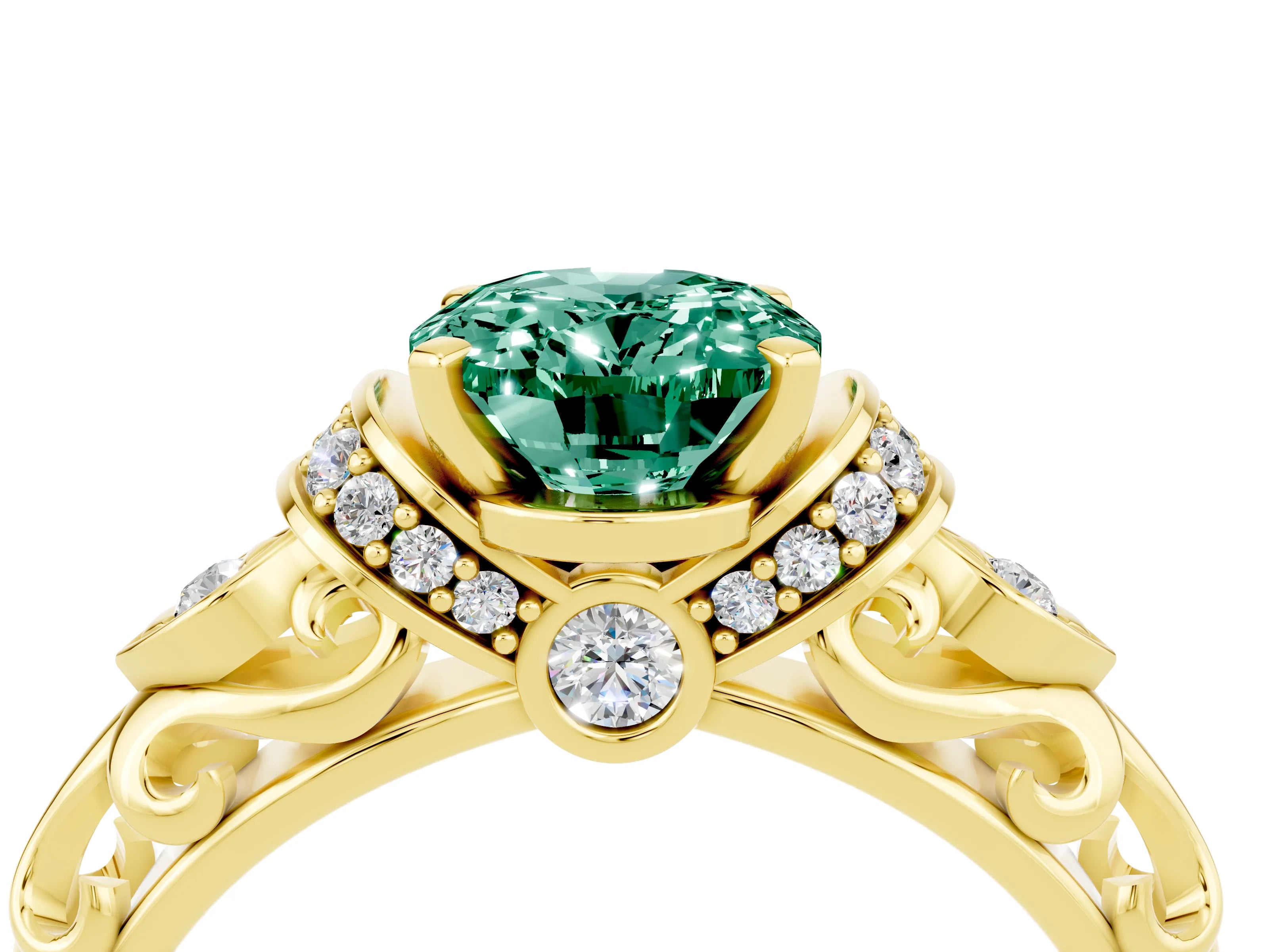 Yellow gold Oval Cut Green Sapphire Solitaire Ring with Filigree Band and Four-Prong Setting_28