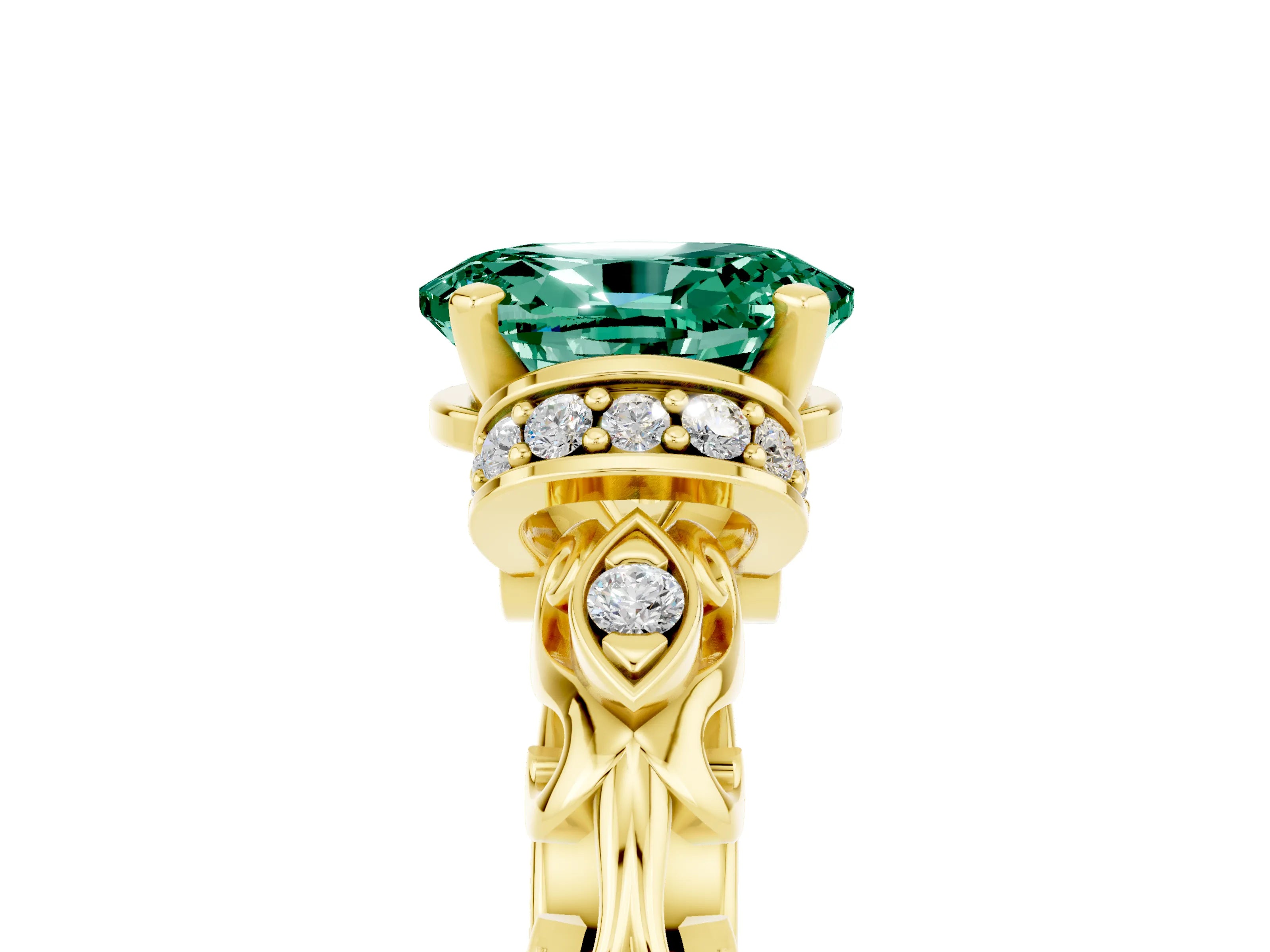Yellow gold Oval Cut Green Sapphire Solitaire Ring with Filigree Band and Four-Prong Setting_29