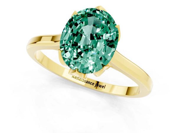 Yellow gold Oval Cut Green Sapphire Solitaire Ring with Flower Prong Setting and Classic Band