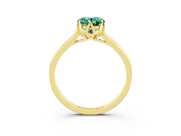 Yellow gold Oval Cut Green Sapphire Solitaire Ring with Flower Prong Setting and Classic Band