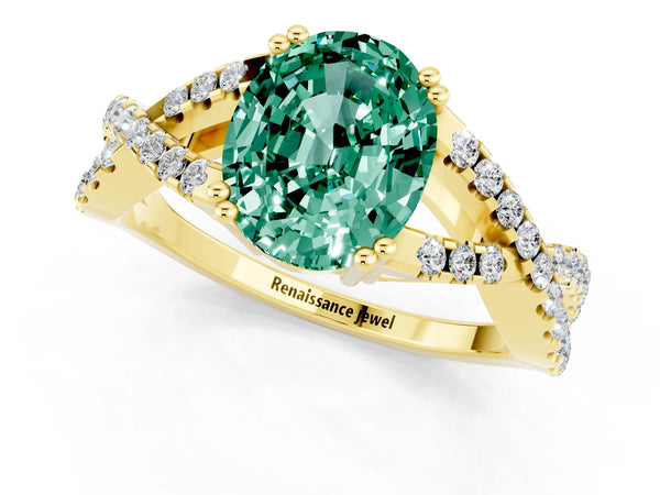 Yellow gold Oval Cut Green Sapphire Solitaire Ring with Four-Prong Setting and Twisted Pavé Band
