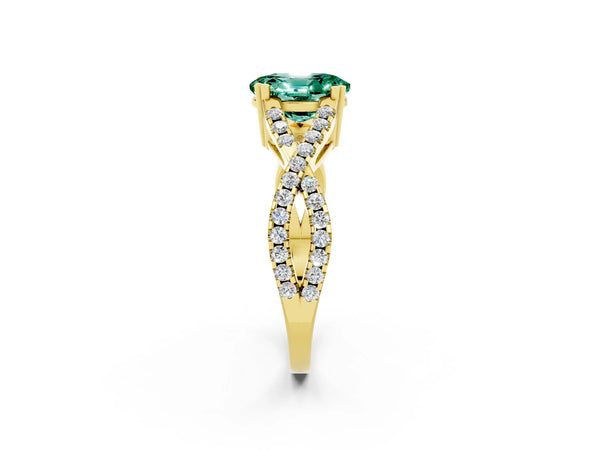 Yellow gold Oval Cut Green Sapphire Solitaire Ring with Four-Prong Setting and Twisted Pavé Band