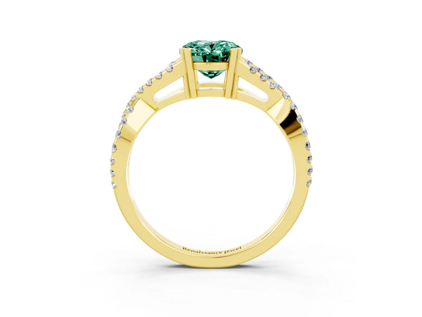 Yellow gold Oval Cut Green Sapphire Solitaire Ring with Four-Prong Setting and Twisted Pavé Band