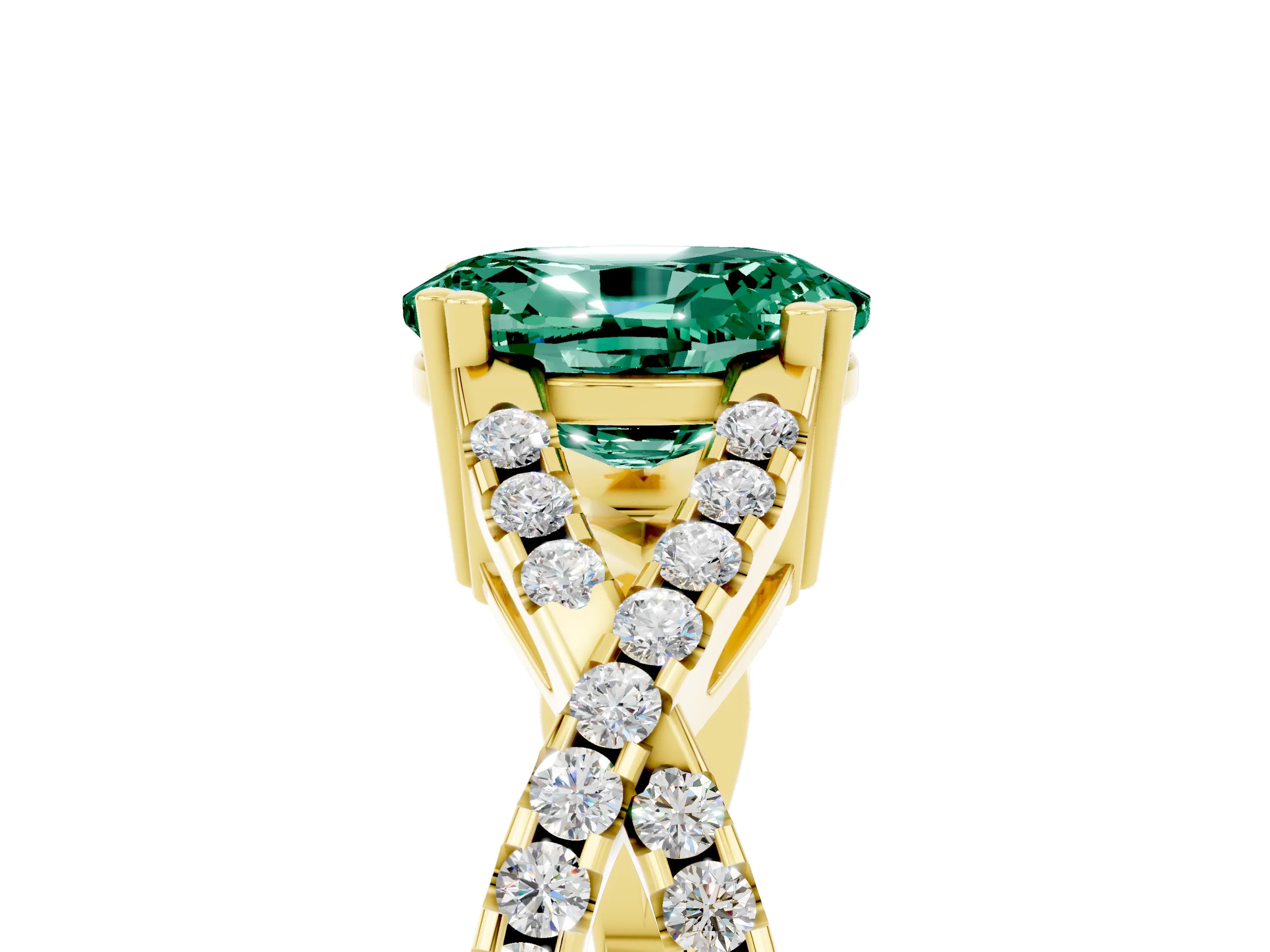 Yellow gold Oval Cut Green Sapphire Solitaire Ring with Four-Prong Setting and Twisted Pavé Band_5