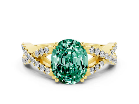 Yellow gold Oval Cut Green Sapphire Solitaire Ring with Four-Prong Setting and Twisted Pavé Band