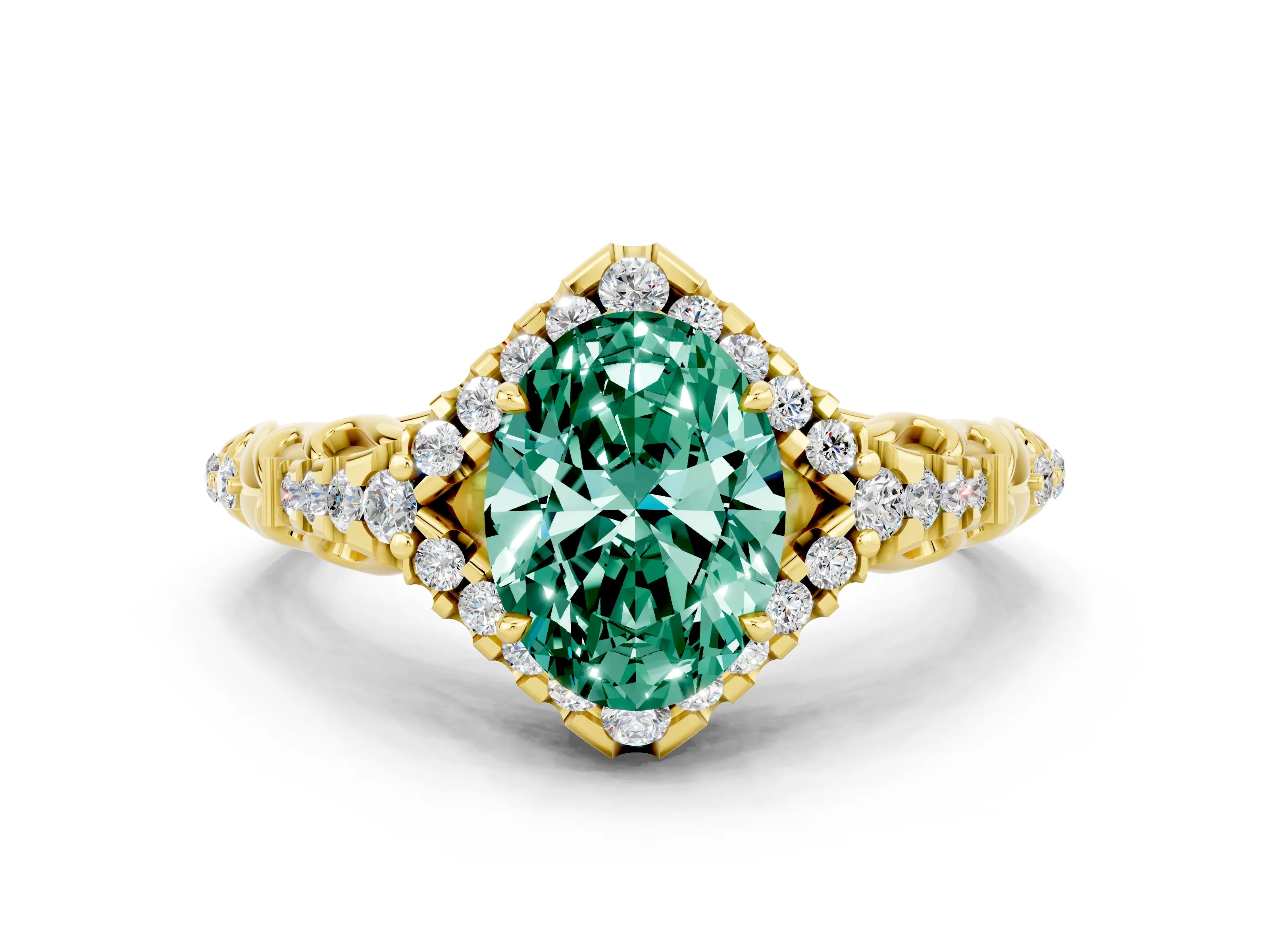 Yellow gold Oval Cut Green Sapphire Solitaire Ring with Hidden Halo and Pavé Band_12