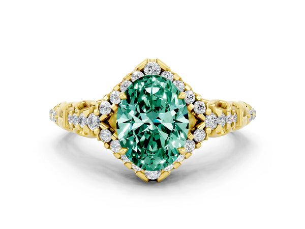 Yellow gold Oval Cut Green Sapphire Solitaire Ring with Hidden Halo and Pavé Band