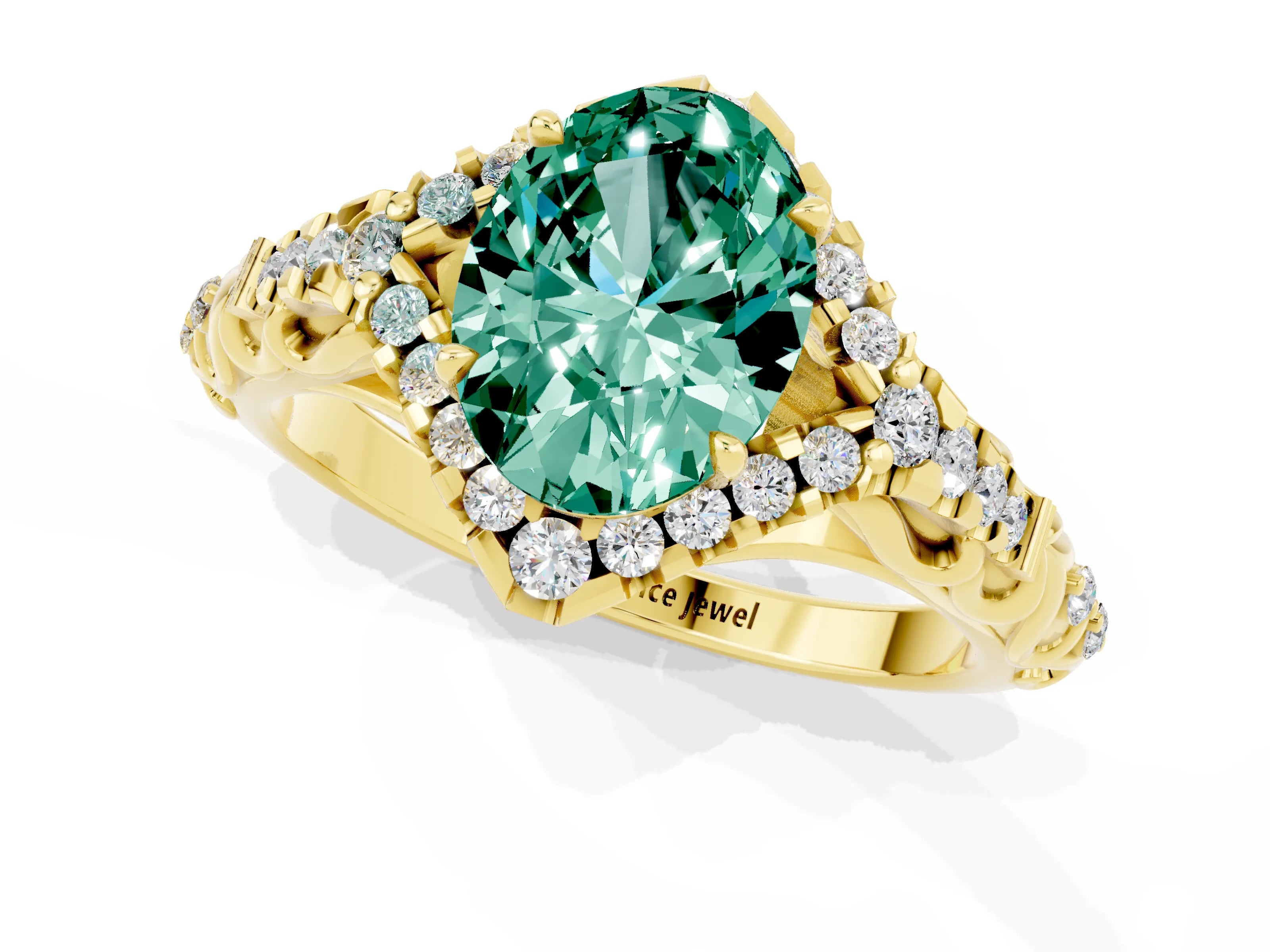 Yellow gold Oval Cut Green Sapphire Solitaire Ring with Hidden Halo and Pavé Band_13
