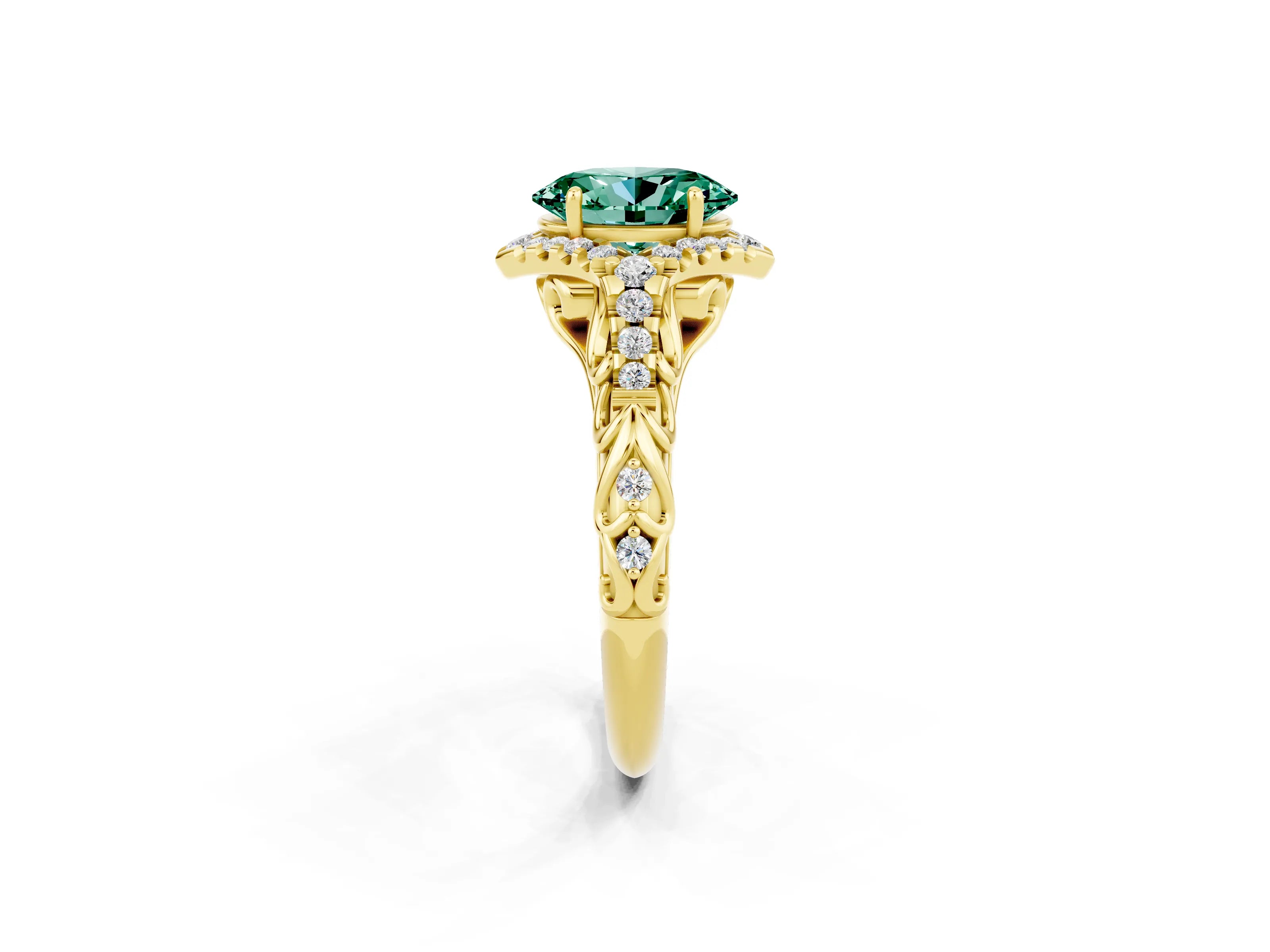 Yellow gold Oval Cut Green Sapphire Solitaire Ring with Hidden Halo and Pavé Band_14