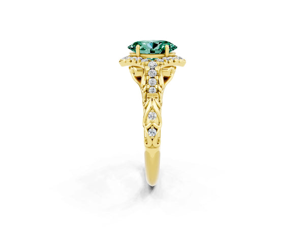 Yellow gold Oval Cut Green Sapphire Solitaire Ring with Hidden Halo and Pavé Band