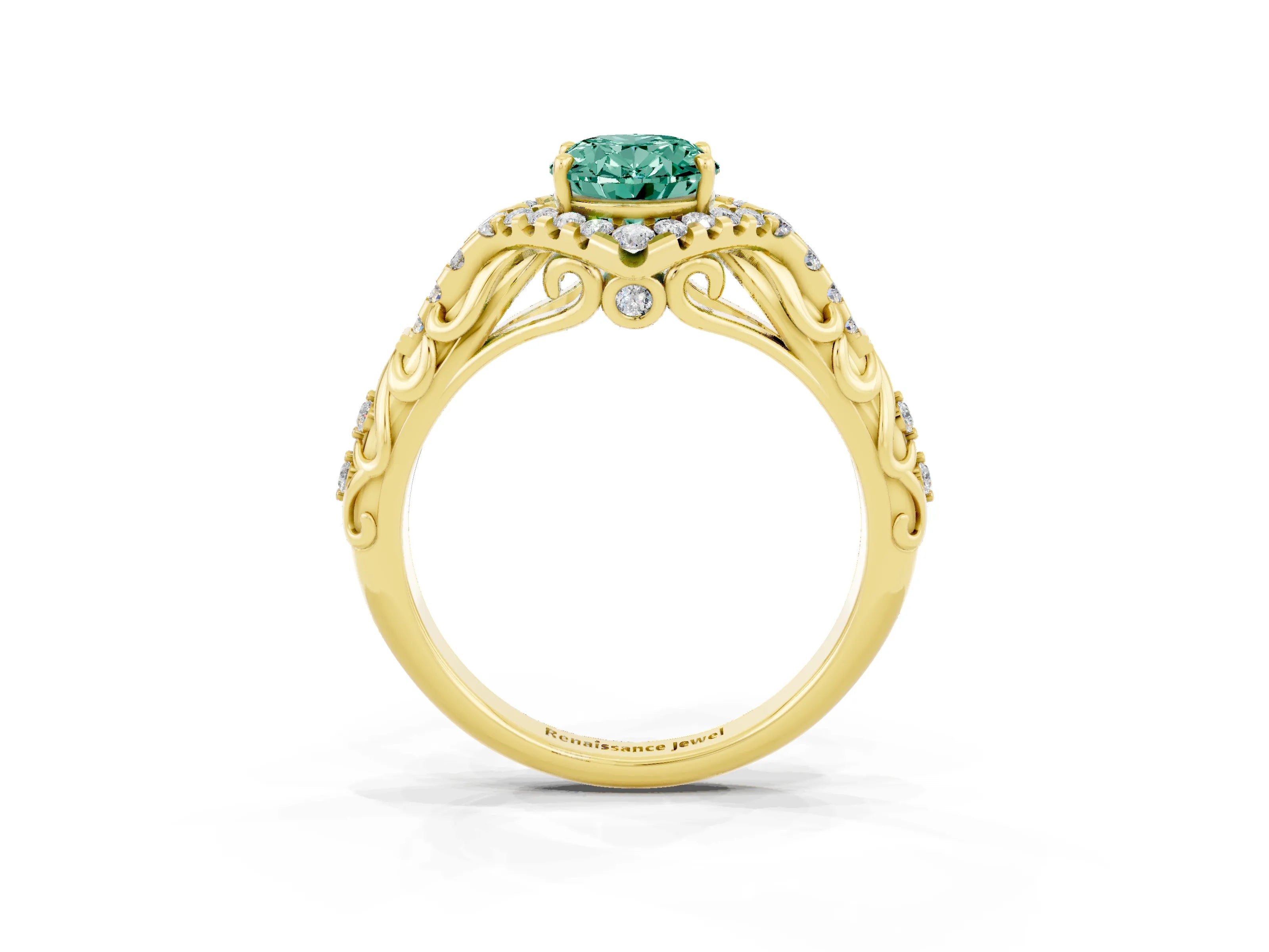 Yellow gold Oval Cut Green Sapphire Solitaire Ring with Hidden Halo and Pavé Band_15