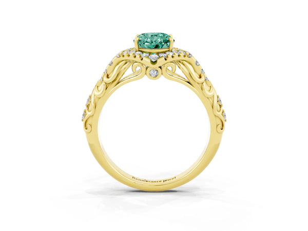 Yellow gold Oval Cut Green Sapphire Solitaire Ring with Hidden Halo and Pavé Band