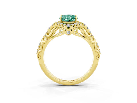 Yellow gold Oval Cut Green Sapphire Solitaire Ring with Hidden Halo and Pavé Band_15