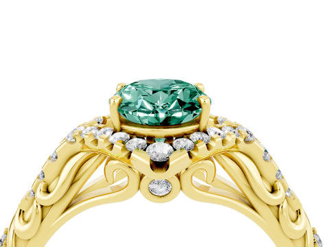 Yellow gold Oval Cut Green Sapphire Solitaire Ring with Hidden Halo and Pavé Band_16