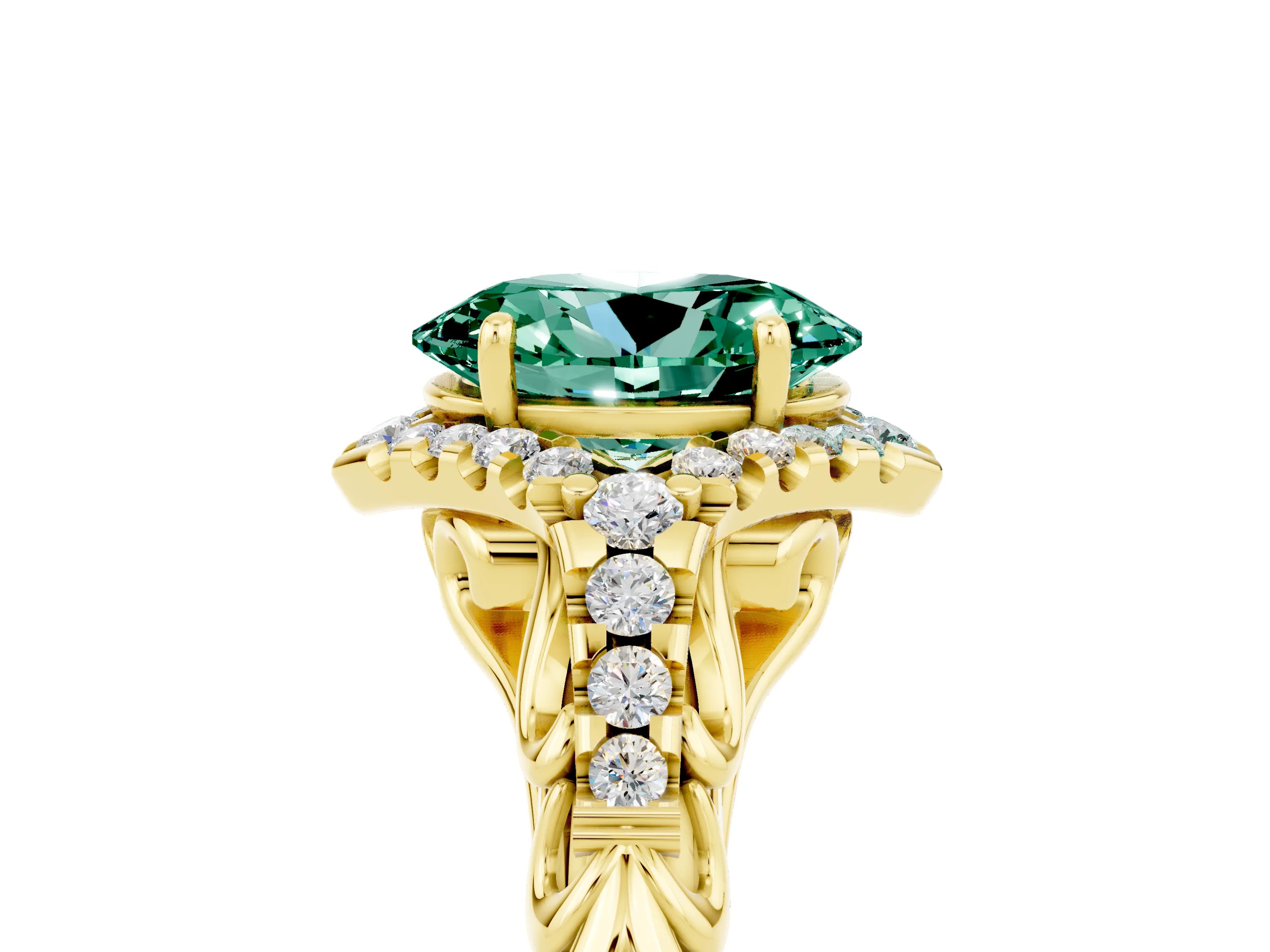Yellow gold Oval Cut Green Sapphire Solitaire Ring with Hidden Halo and Pavé Band_17
