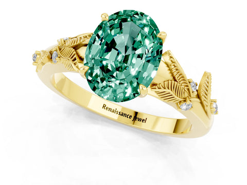 Yellow gold Oval Cut Green Sapphire Solitaire Ring with Leaf Motif Band and Four-Prong Setting_1