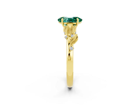 Yellow gold Oval Cut Green Sapphire Solitaire Ring with Leaf Motif Band and Four-Prong Setting_2