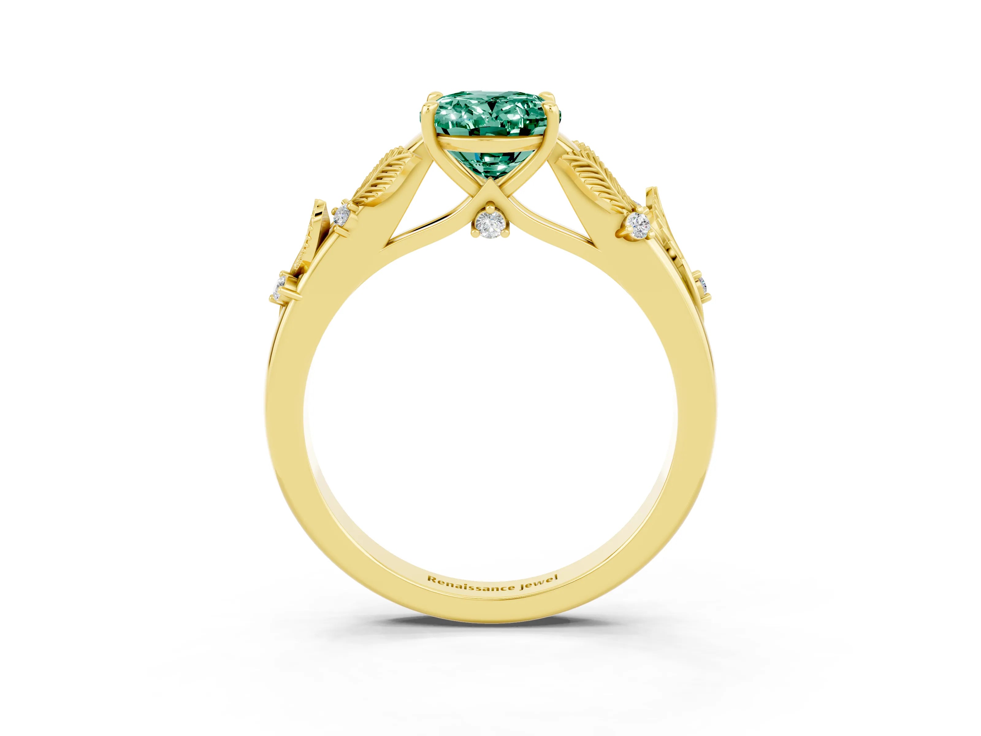 Yellow gold Oval Cut Green Sapphire Solitaire Ring with Leaf Motif Band and Four-Prong Setting_3