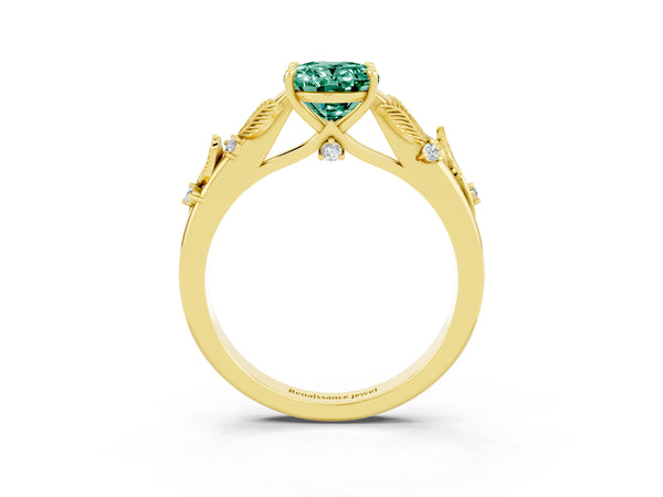 Yellow gold Oval Cut Green Sapphire Solitaire Ring with Leaf Motif Band and Four-Prong Setting