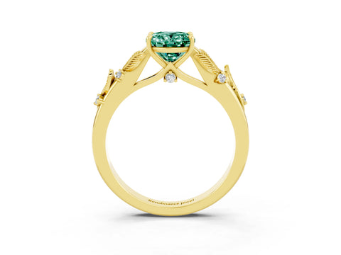 Yellow gold Oval Cut Green Sapphire Solitaire Ring with Leaf Motif Band and Four-Prong Setting_3