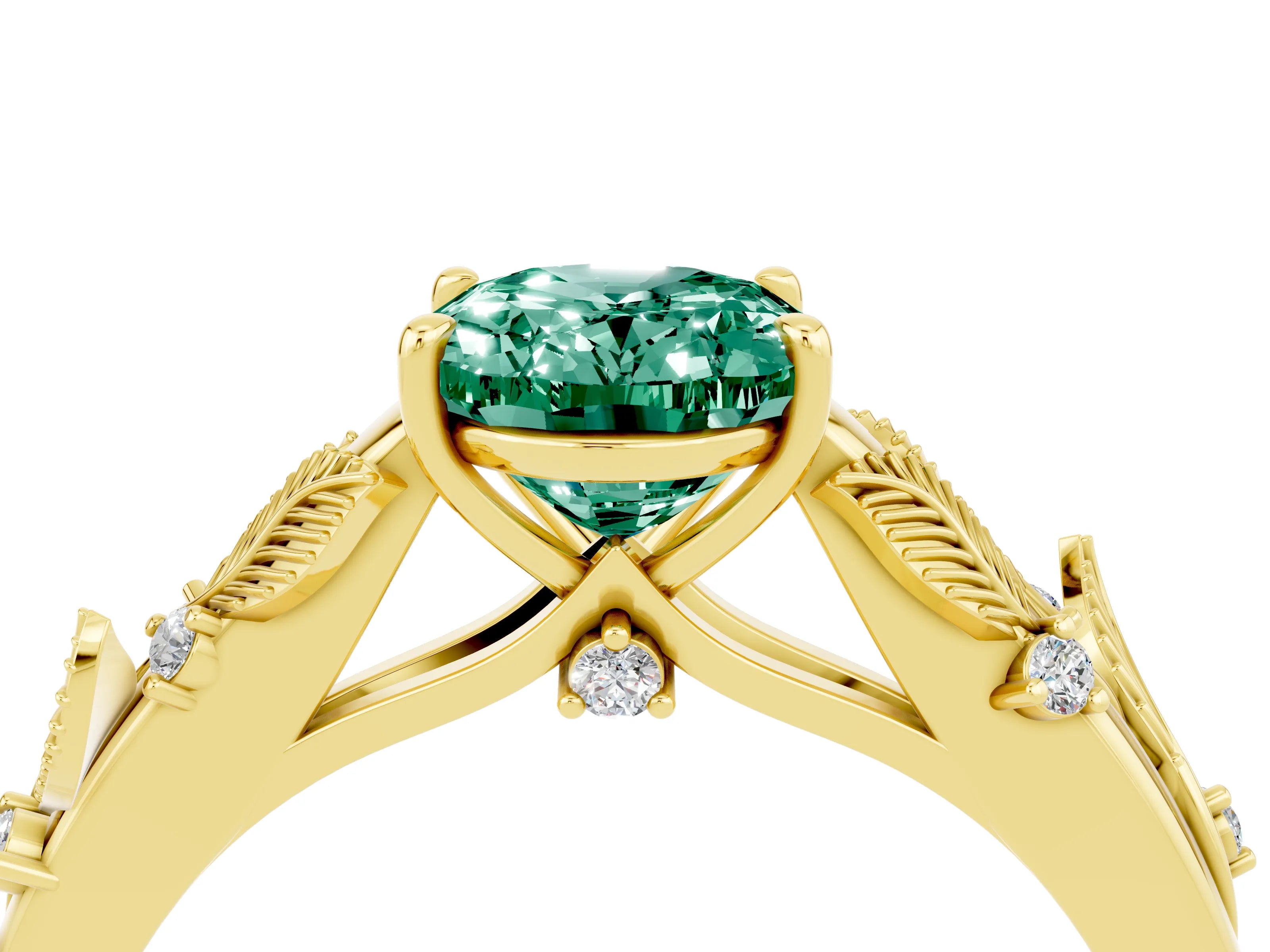 Yellow gold Oval Cut Green Sapphire Solitaire Ring with Leaf Motif Band and Four-Prong Setting_4