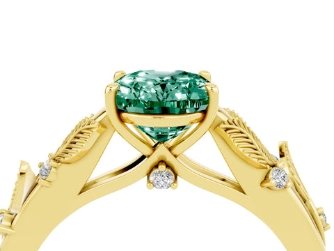 Yellow gold Oval Cut Green Sapphire Solitaire Ring with Leaf Motif Band and Four-Prong Setting_4