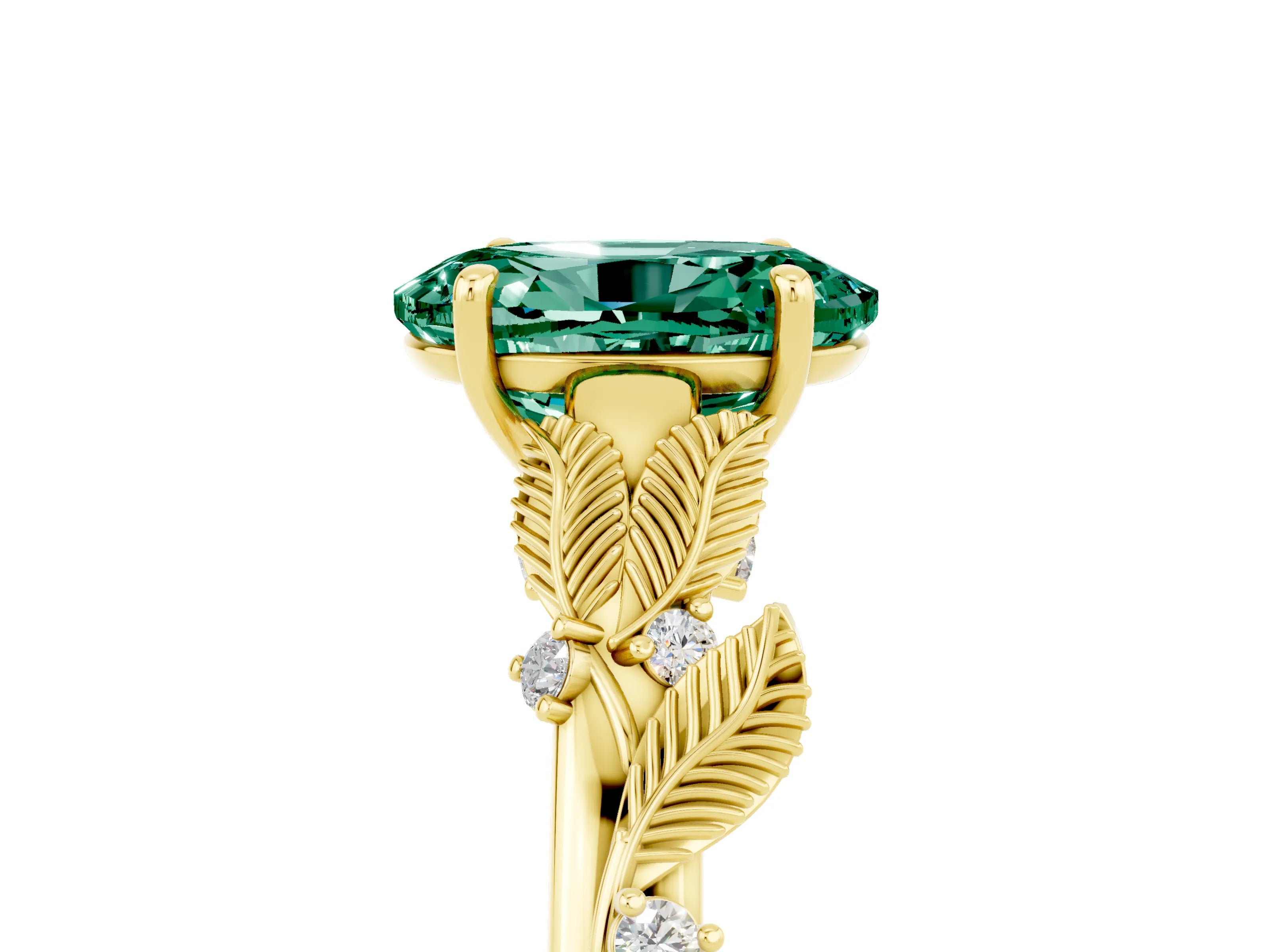Yellow gold Oval Cut Green Sapphire Solitaire Ring with Leaf Motif Band and Four-Prong Setting_5