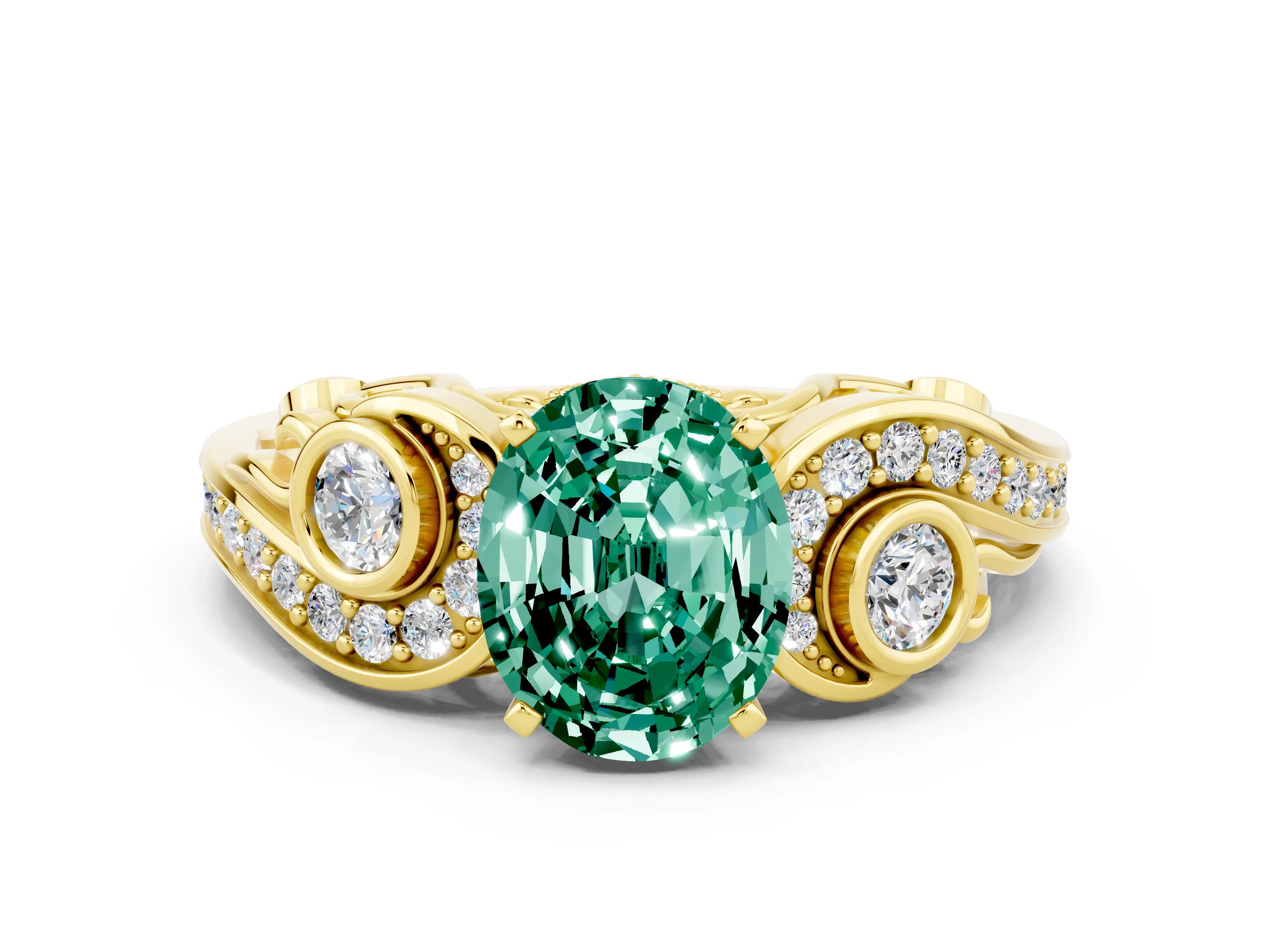 Yellow gold Oval Cut Green Sapphire Solitaire Ring with Milgrain Pavé Band and Four-Prong Setting_24