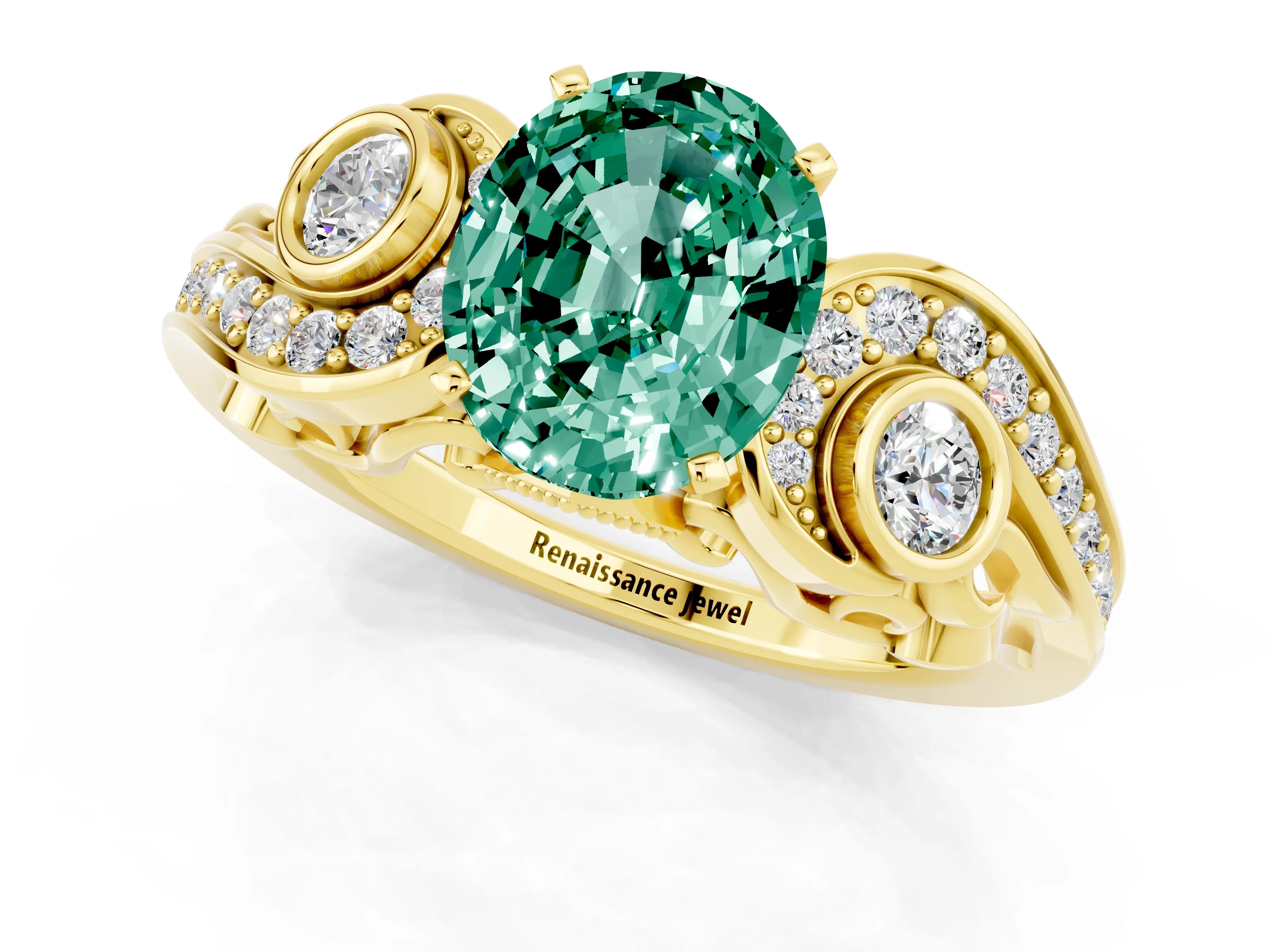 Yellow gold Oval Cut Green Sapphire Solitaire Ring with Milgrain Pavé Band and Four-Prong Setting_25
