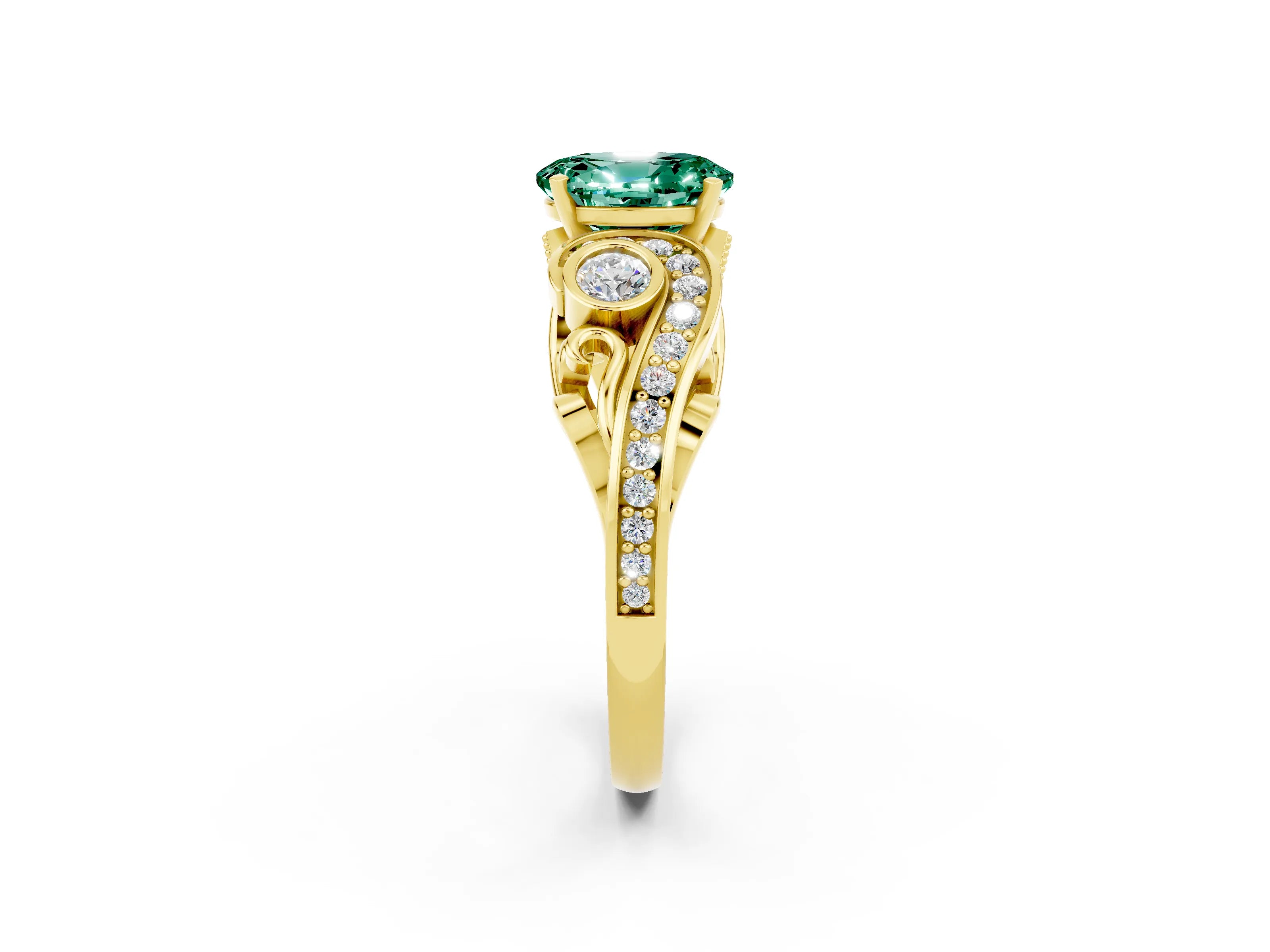 Yellow gold Oval Cut Green Sapphire Solitaire Ring with Milgrain Pavé Band and Four-Prong Setting_26