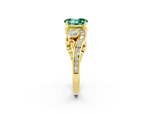 Yellow gold Oval Cut Green Sapphire Solitaire Ring with Milgrain Pavé Band and Four-Prong Setting
